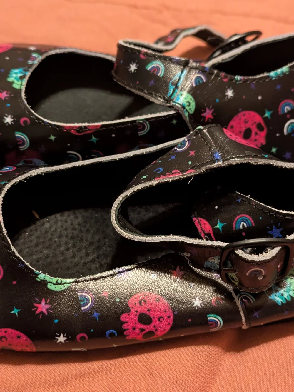 Spellbound Soles Kids Size 11 Black Mary Janes with Neon Skulls And Rainbows